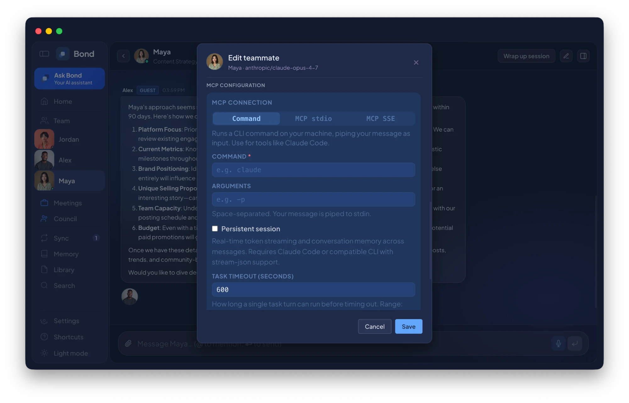 Bond — Teammate edit modal showing MCP Connection in Command mode