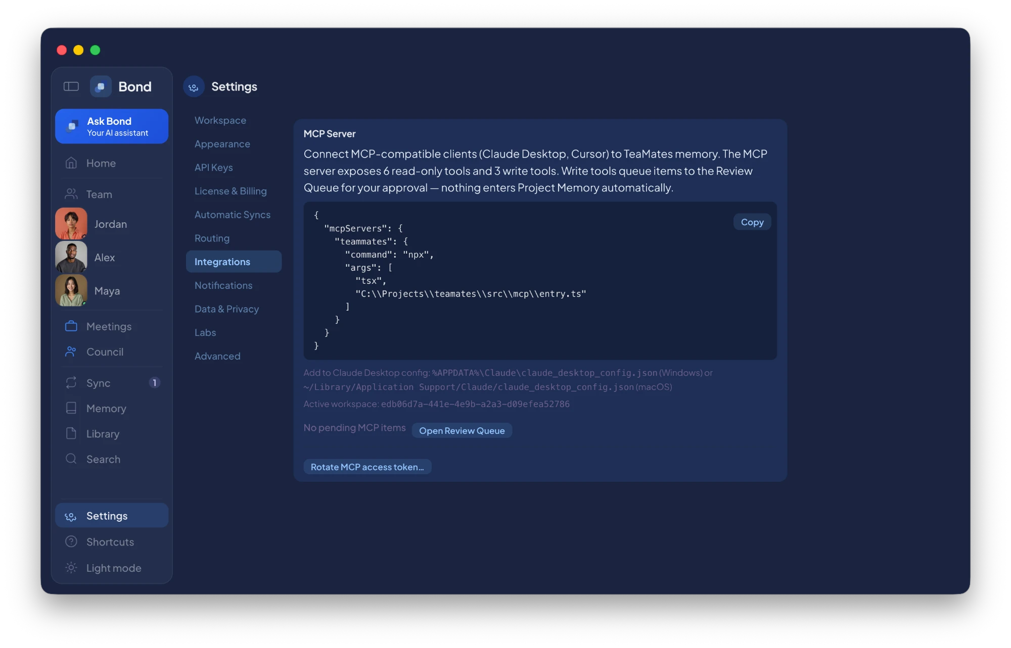 Bond — Settings → Integrations → MCP Server panel