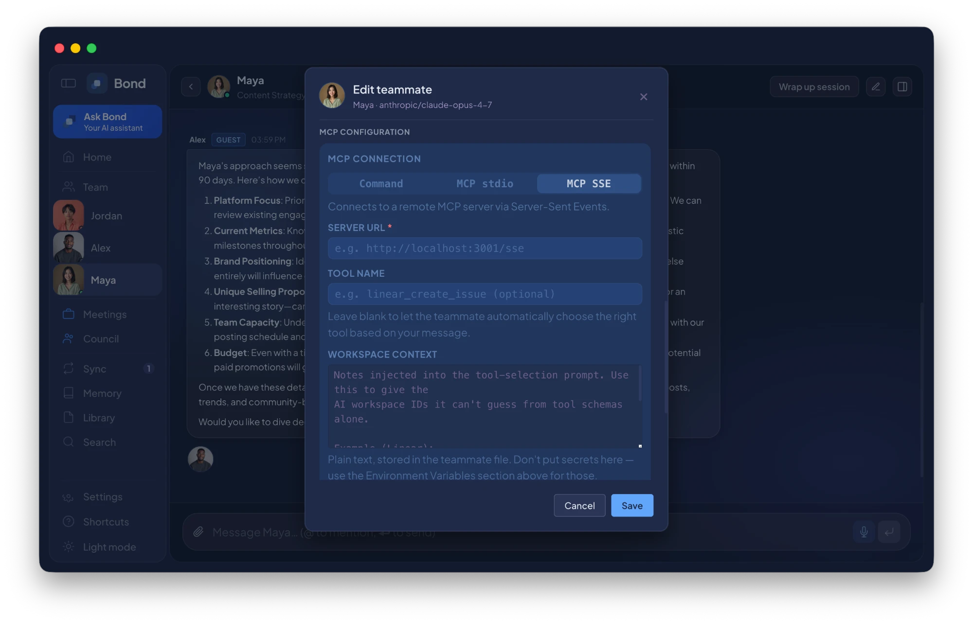 Bond — Teammate edit modal showing MCP Connection in MCP SSE mode with Server URL, Tool name, and Workspace Context
