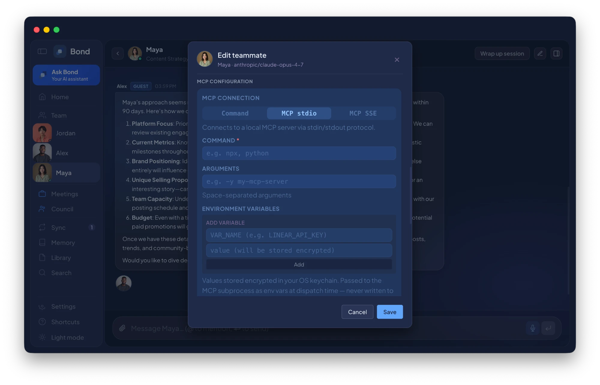 Bond — Teammate edit modal showing MCP Connection in MCP stdio mode with Environment Variables