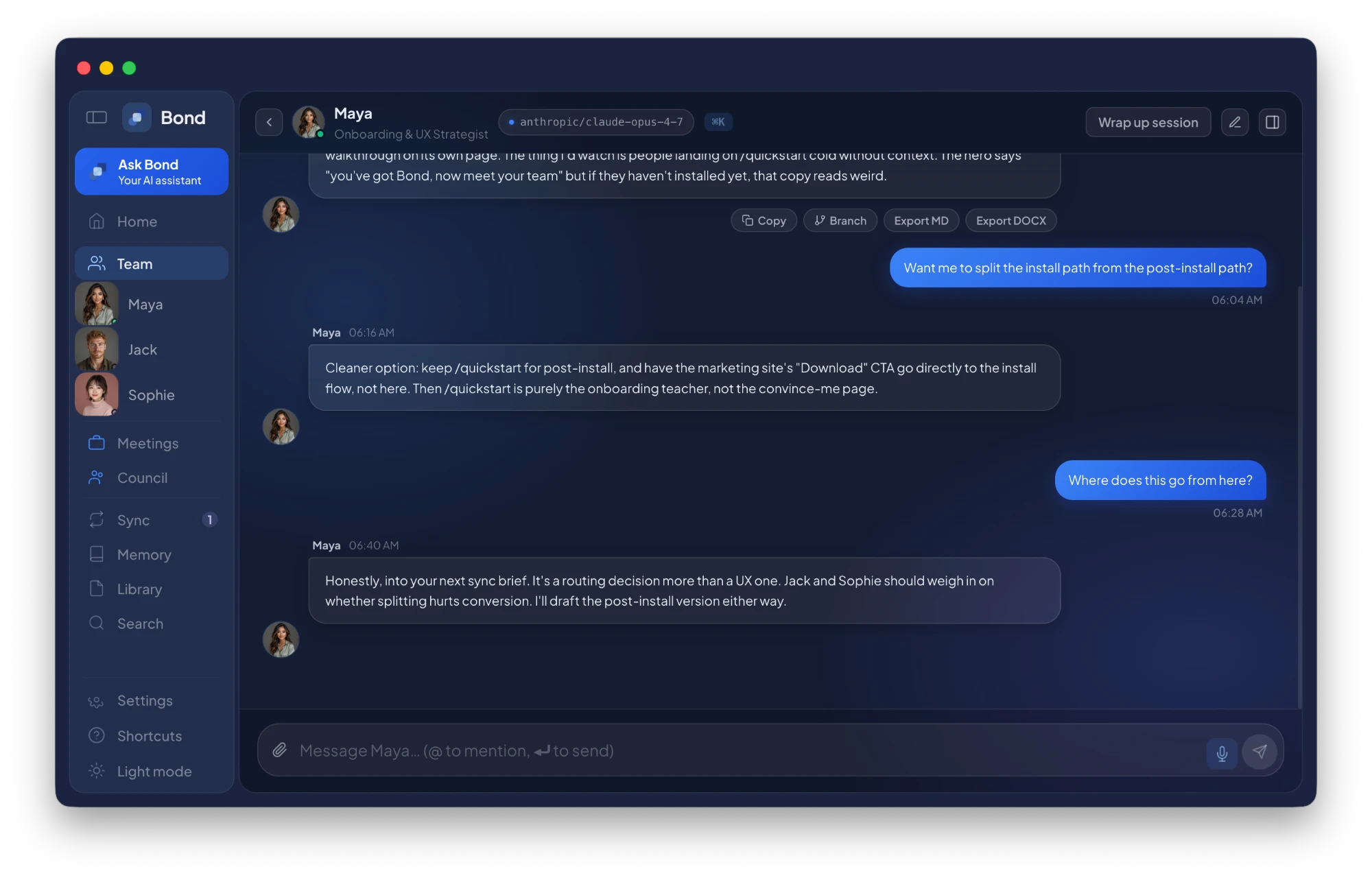 Bond chat — talking with Maya, an Onboarding & UX Strategist teammate