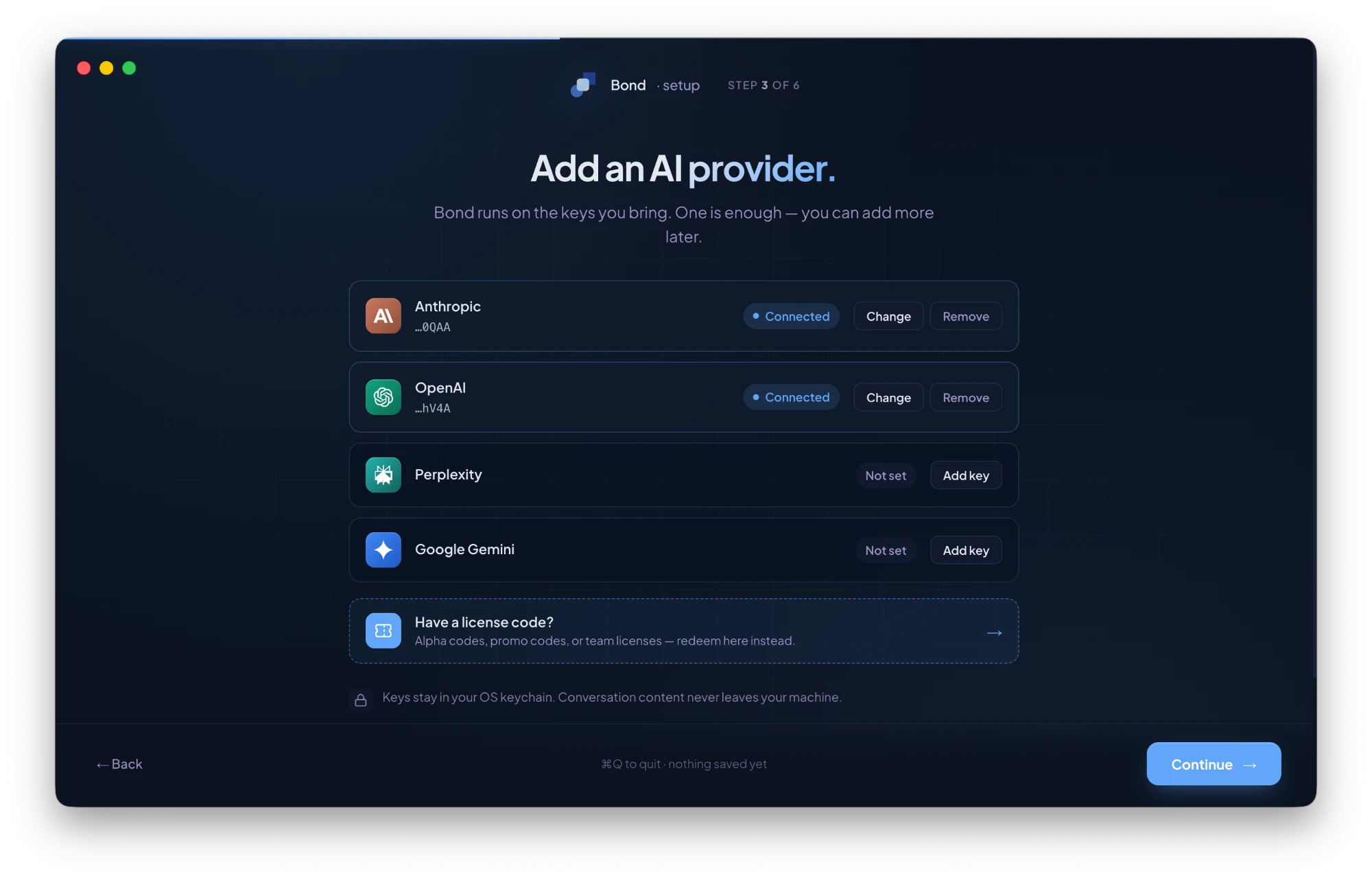 Bond onboarding — Step 3 of 6: Add an AI provider