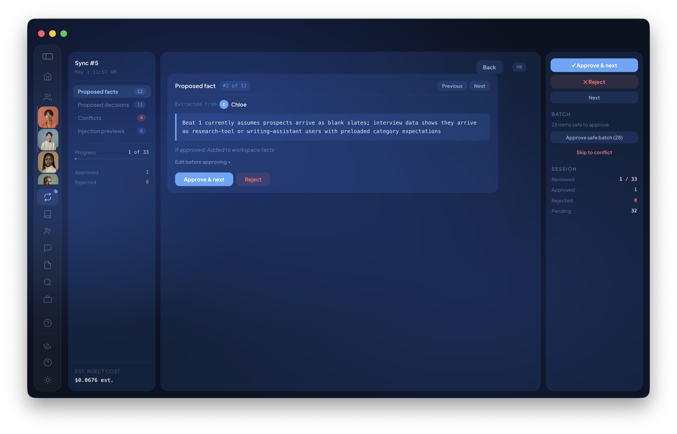Bond Sync Review queue showing a proposed fact extracted from a teammate, with Approve and Reject controls