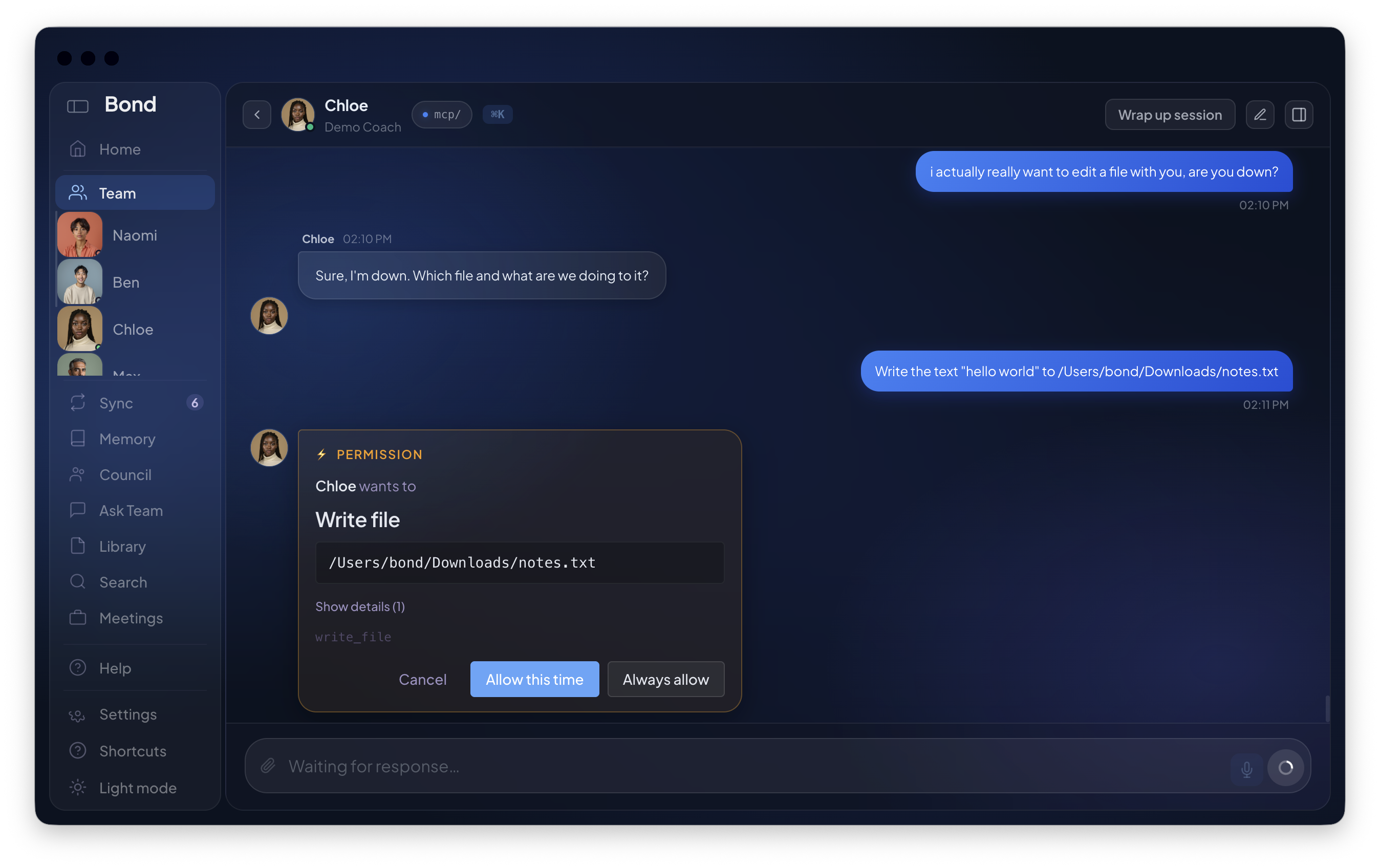 Bond chat with a permission bubble asking the user to allow a teammate to write a file
